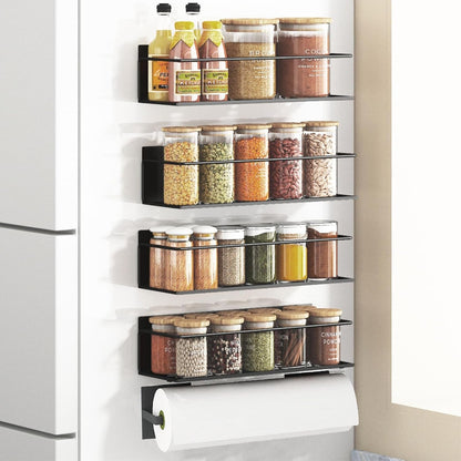 Magnetic Spice Rack for Refrigerator, Magnetic Fridge Shelf for Kitchen, Magnetic Shelf for Fridge Space Saving Black 4 Pack with Magnetic Paper Towel Holder1