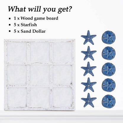 Beach Decor Tic Tac Toe 5 Sand Dollars & 5 Starfish Pieces Wood Board Travel Game for Coastal House Coffee Table Decor, Blue5