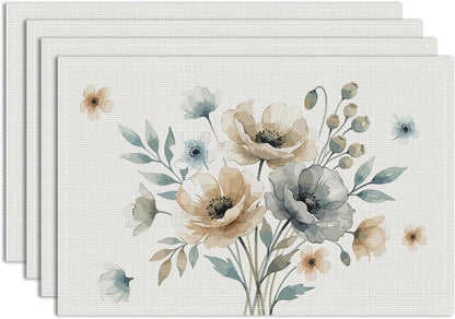 Neutral Poppy Floral Spring Placemats Set of 4, Boho Minimalist Decor1