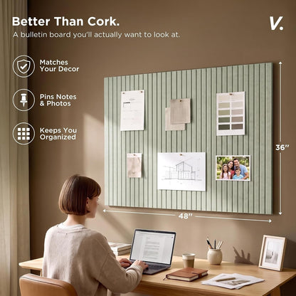 Large Felt Bulletin Board 48 X 36 Inch - 12-Pack Square Acoustic Wall Panels, Cork Board Alternative, NRC 0.95, Damage-Free Adhesive, Slatted Design for Home, Classroom (Sage)2