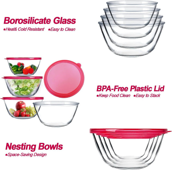 4 Pack Glass Mixing Bowls Set with Lids (4.8QT, 2.9QT, 1.7QT, 0.8QT)3