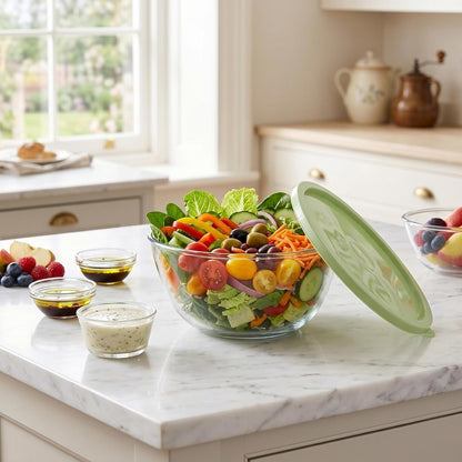 Large Glass Mixing Bowl with Lid - Large Glass Bowl for Salad, Serving, & Baking - Airtight Food Storage Container with Bpa-Free Green Lid, Microwave Safe9