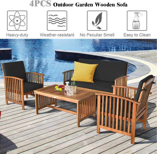 Outdoor 4 PCS Acacia Wood Sofa Set W/Water Resistant Cushions, Padded Patio Seating Chat Set W/Coffee Table for Garden, Backyard, Poolside (1, Black)9