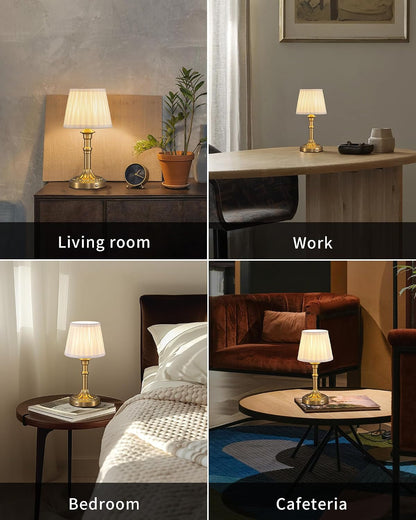 Gold Cordless Table Lamps Set of 2, Beige Fabric Shade Small Desk Lamp6