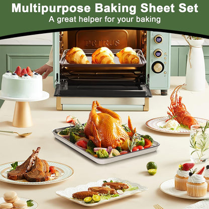 Baking Sheet Tray Cooling Rack with Silicone Baking Mat Set, Stainless Steel Cookie Pan for Oven, Set of 9 (3 Sheets + 3 Racks + 3 Mats), Warp Resistant & Heavy Duty & Easy Clean, Red6