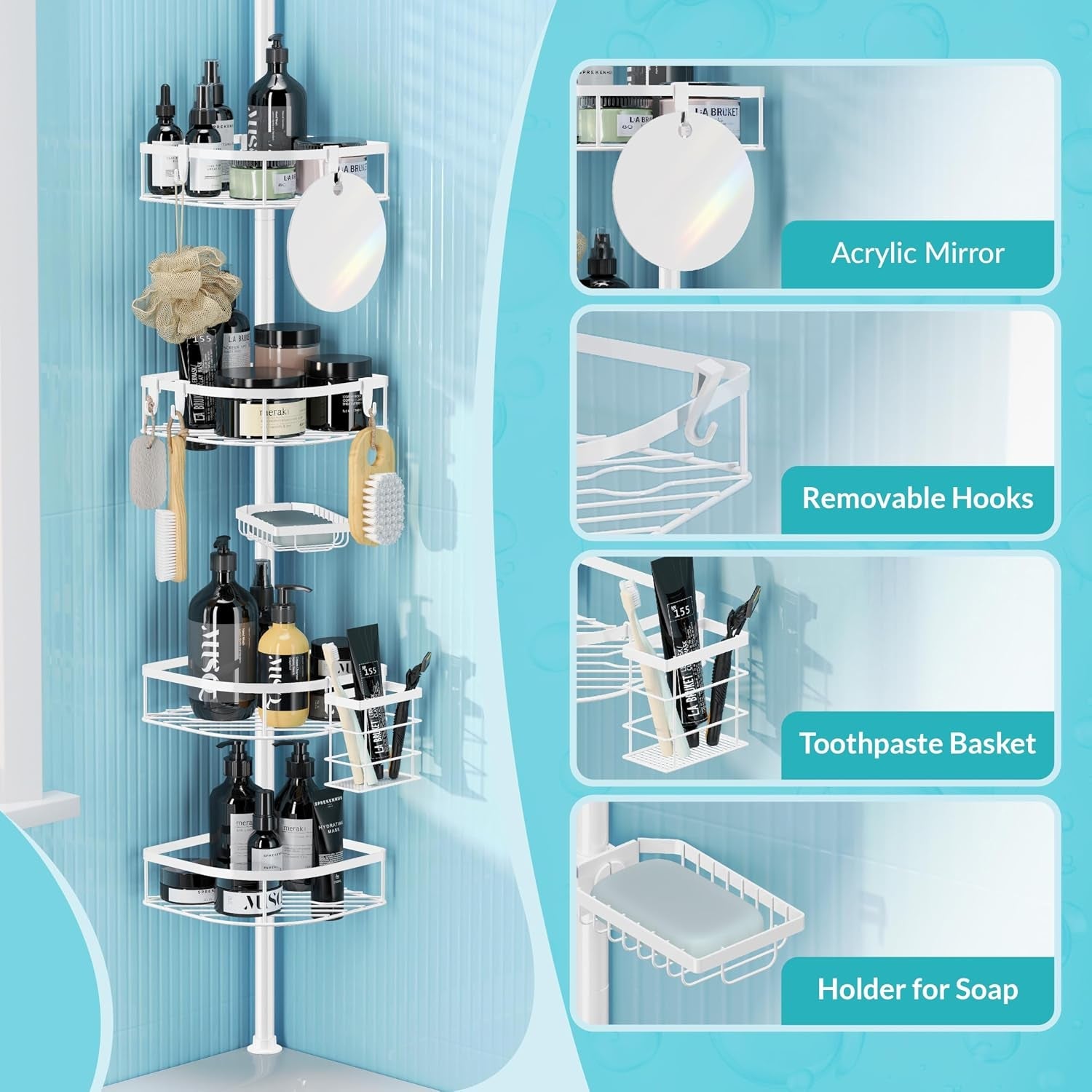 shower-caddy-tension-pole-4-tier-adjustable-corner-shower-standing-caddy-rustproof-shower-rack-for-bathroom-bathtub-with-4-shelves-no-drilling-shower-shelf-for-inside-shower-white