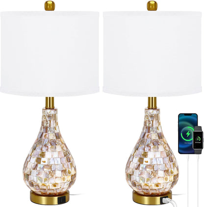 Modern Coastal Table Lamps Set of 2, Natural Mother of Pearl Tiles 23.5" Bedside Lamp, for Bedroom Living Room Home Nightstand Table Lamp(With USB C+A 5V 2.1A Charging Ports)1
