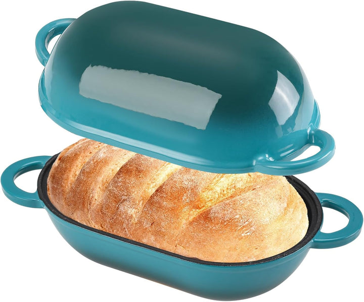 5 QT Enameled Cast Iron Sourdough Bread Oven, Loaf Pan with Lid | Oval Dutch Oven for Homemade Sourdough Bread Baking, Oven Safe up to 500°F, Meatloaf Pan with Dome Lid, Blue-Green
