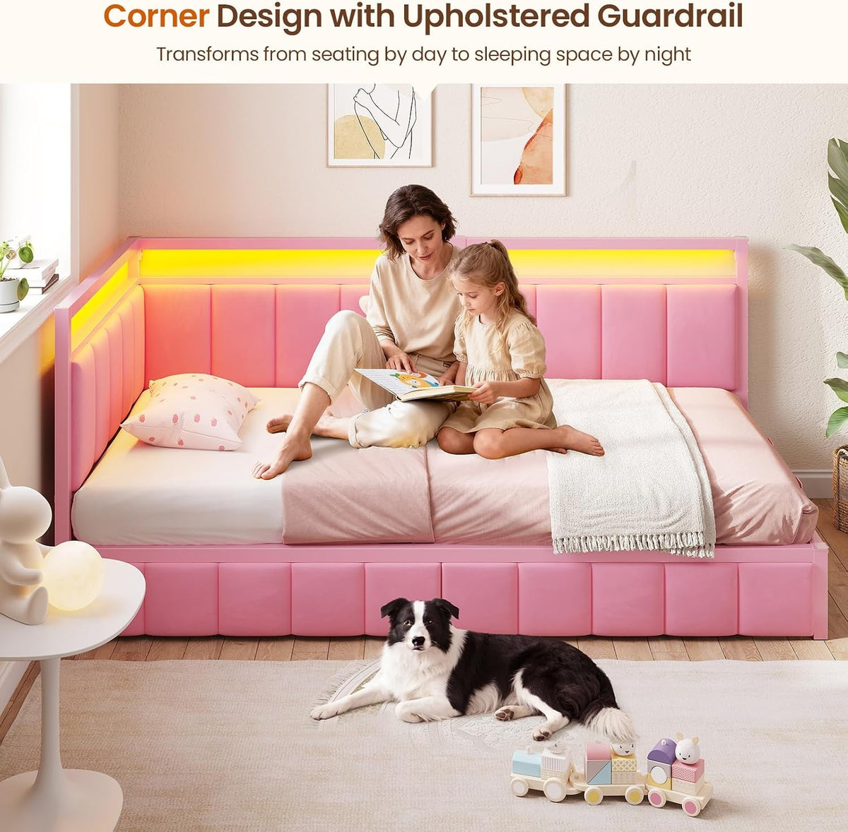 twin-corner-bed-frame-with-2-storage-drawers-and-charging-station-velvet-girls-platform-bed-frame-twin-size-with-led-lights-and-upholstered-guardrail-twin-size-daybed-for-kids-and-teen-pink