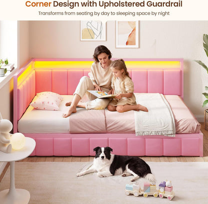Twin Corner Bed Frame with 2 Storage Drawers and Charging Station Velvet Girls Platform Bed Frame Twin Size with Led Lights and Upholstered Guardrail,Twin Size Daybed for Kids and Teen,Pink3