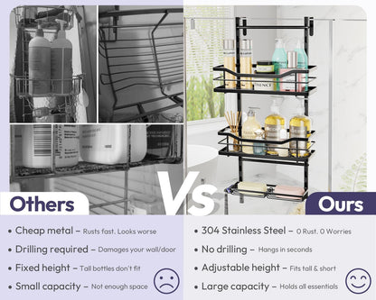 over the Door Shower Caddy - 3 Tier Adjustable Shower Organizer Hanging with Soap Holder, No Drilling Stainless Steel Bathroom Rack Hanging for Body Wash, Shampoo, Soap, Razor, Black3