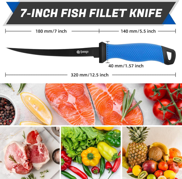 Fillet Knife, 7 Inches Professional Filet Knife for Fish, German G4116 Stainless Steel Blade Fishing Knifes with Two Stage Knife Sharpener,Non-Slip Handles, Protective Nylon Sheath3