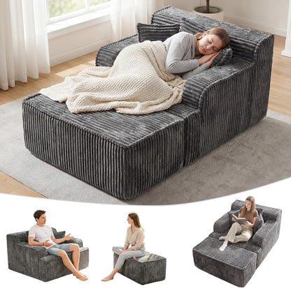 Chaise Lounge Chair Indoor,Boneless Chair with Ottoman,Comfy Reading Chair for Adults,Small Sofa Bed Couch for Living Room,Single Sleeper Chair Bed,Grey1