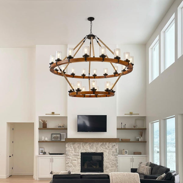 60" 2-Tier Wagon Wheel Chandelier 27-Light Extra Large Wood Chandeliers5