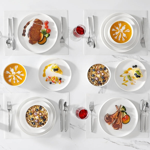24 Pieces Porcelain Dinnerware Set, Modern White Dish Set for 8, Premium Serving Plates and Bowls Sets, Chip and Scratch Resistant Dishware Sets Kitchen Dishes Dining Ware Set, Series LEAH5