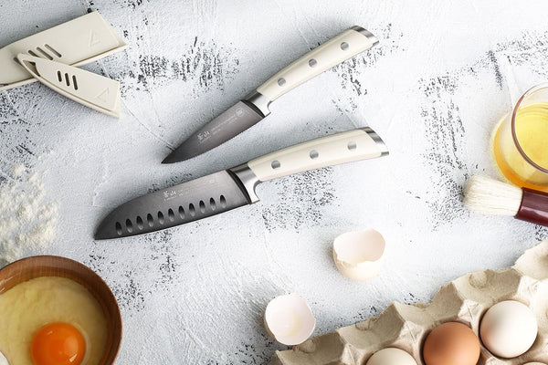 S+ Series 1022100 German Steel Forged 2-Piece Titanium Coated Santoku Starter Knife Set with Sheaths, Vanilla White4