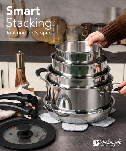 14Pcs Tri-Ply Stainless Steel Cookware Set with Detachable Handles, Stackable Pots and Pans Set for Rvs, Small Kitchens & Apartments, Induction Compatible, Oven Safe, No Coating & No PFAS3