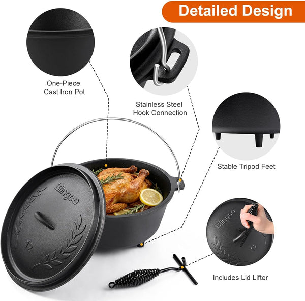 Pre-Seasoned 8QT Large Cast Iron Camping Dutch Oven Pot with Lid | Heavy- Duty Camping Cookware Incl. Lid Lifter - Dual Handles - for Outdoor Campfire, Grill, Oven & Stovetop Cooking Black3
