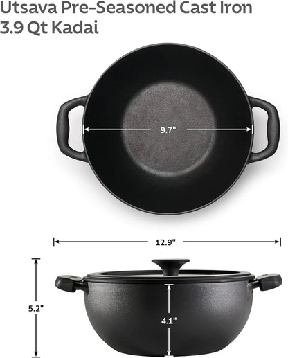 Utsava Pre-Seasoned Cast Iron 3.9-Quart Kadai with Lid | Kadhai Pot for Indian Cooking5