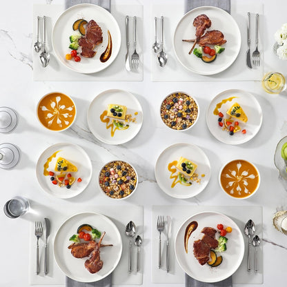 12 Pieces Porcelain Dinnerware Set, Modern White Dish Set for 4, Premium Serving Plates and Bowls Sets, Chip and Scratch Resistant Dishware Sets Kitchen Dishes Dining Ware Set, Series LEAH6