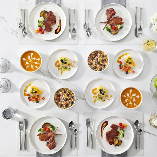12 Pieces Porcelain Dinnerware Set, Modern White Dish Set for 4, Premium Serving Plates and Bowls Sets, Chip and Scratch Resistant Dishware Sets Kitchen Dishes Dining Ware Set, Series LEAH6