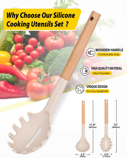 Silicone Pasta Fork and Ladle Spoon Set with Wooden Handle, Heat Resistant Non Stick Kitchen Utensils for Cooking, Stirring, Serving Spaghetti, Soup, Sauce(Khaki)2