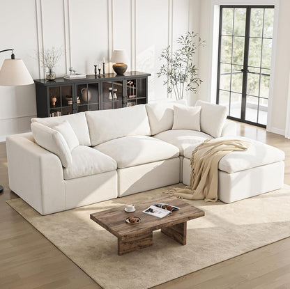 Cloud Sectional Couches for Living Room | 108 Inch L-Shaped Boneless Couch with Ottoman | Modular Sectionals Sofa Couch Ivory White1