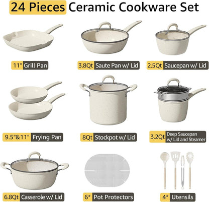 24Pcs Pots and Pans Set Non Stick,Titanium Ceramic Cookware Sets | with 8Qt Stockpot,Pfas-Free,Long-Lasting Nonstick,Easy to Clean,Induction Compatible,Fast & Even Heating,Complete Kitchen Set7