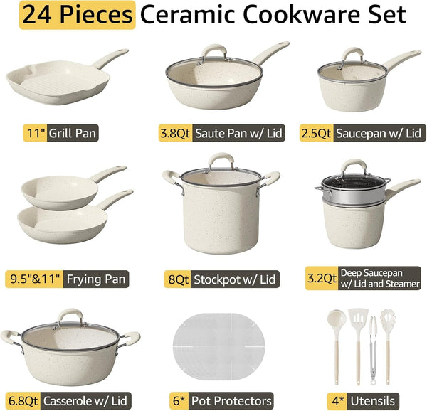 24Pcs Pots and Pans Set Non Stick,Titanium Ceramic Cookware Sets | with 8Qt Stockpot,Pfas-Free,Long-Lasting Nonstick,Easy to Clean,Induction Compatible,Fast & Even Heating,Complete Kitchen Set7