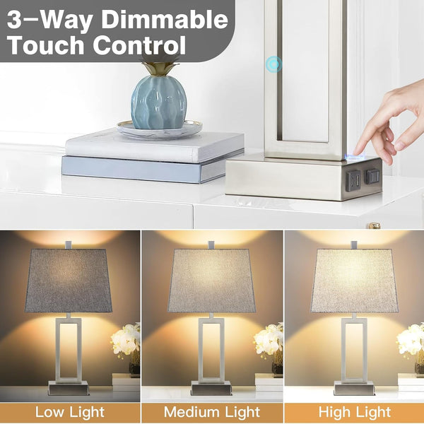 23.5" Touch Control Table Lamps Set of 2, Modern Silver Bedside Lamps with USB A+C Ports & AC Outlet, 3 Way Dimmable Contemporary Nightstand Lamps for Bedroom Living Room(2 LED Bulb Included)2