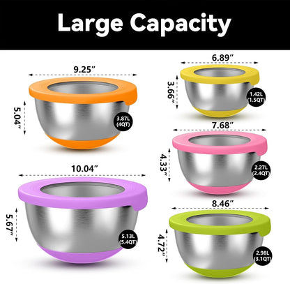 Stainless Steel Mixing Bowls with Lids – Set of 5 Large Nesting Metal Bowls for Kitchen, Baking, Cooking, Food Prep & Storage, Non-Slip Base, Dishwasher Safe, Multicolor2