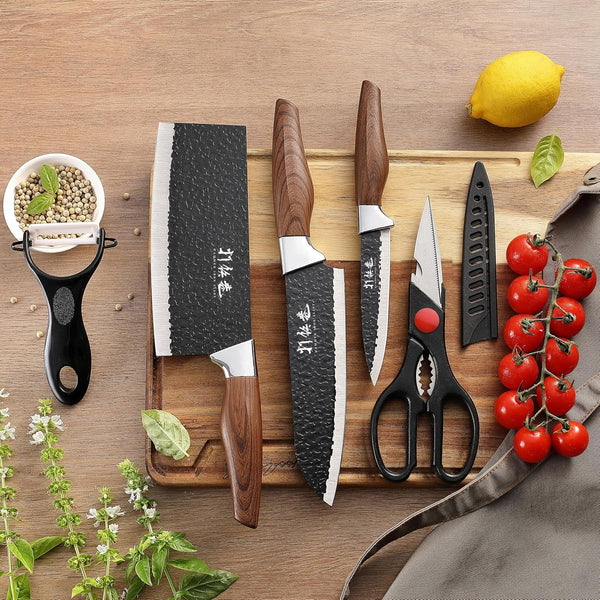 5 PCS Kitchen Chef Knife Set, Include 7 Inch Cleaver, 7 Inch Santoku, 4.5 Inch Utility Knife, Kitchen Scissors and Peeler6