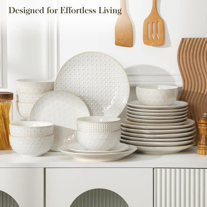 24-Piece Farmhouse Dinnerware Set for 8, Embossed White Stoneware Plates and Bowls Sets, Vintage Relief Ceramic Dish Set, Chip-Resistant, Microwave & Dishwasher Safe5