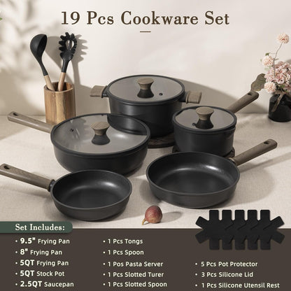 19 Pcs Pots and Pans Set Non Stick, Black Titanium Induction Kitchen Cookware Sets, Non Toxic Healthy Kitchen Cooking Set with Frying Pans Set, PTFE PFOA PFOS Free, Fathers Day Gift for Men2