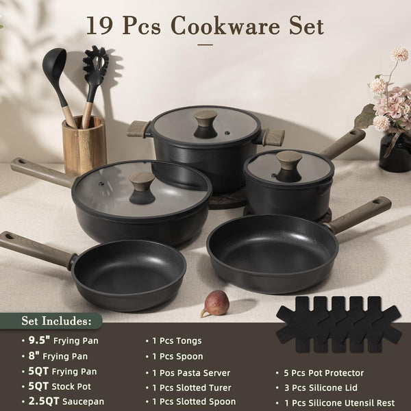 19 Pcs Pots and Pans Set Non Stick, Black Titanium Induction Kitchen Cookware Sets, Non Toxic Healthy Kitchen Cooking Set with Frying Pans Set, PTFE PFOA PFOS Free, Fathers Day Gift for Men2