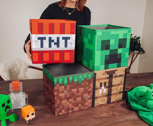 Minecraft 10-Inch Storage Set of 4 Bins | Includes Creeper, TNT, Grass, Crafting Table | Fabric Basket Container, Cubby Closet Organizer, Home Decor for Playroom | Video Game Gifts and Collectibles2