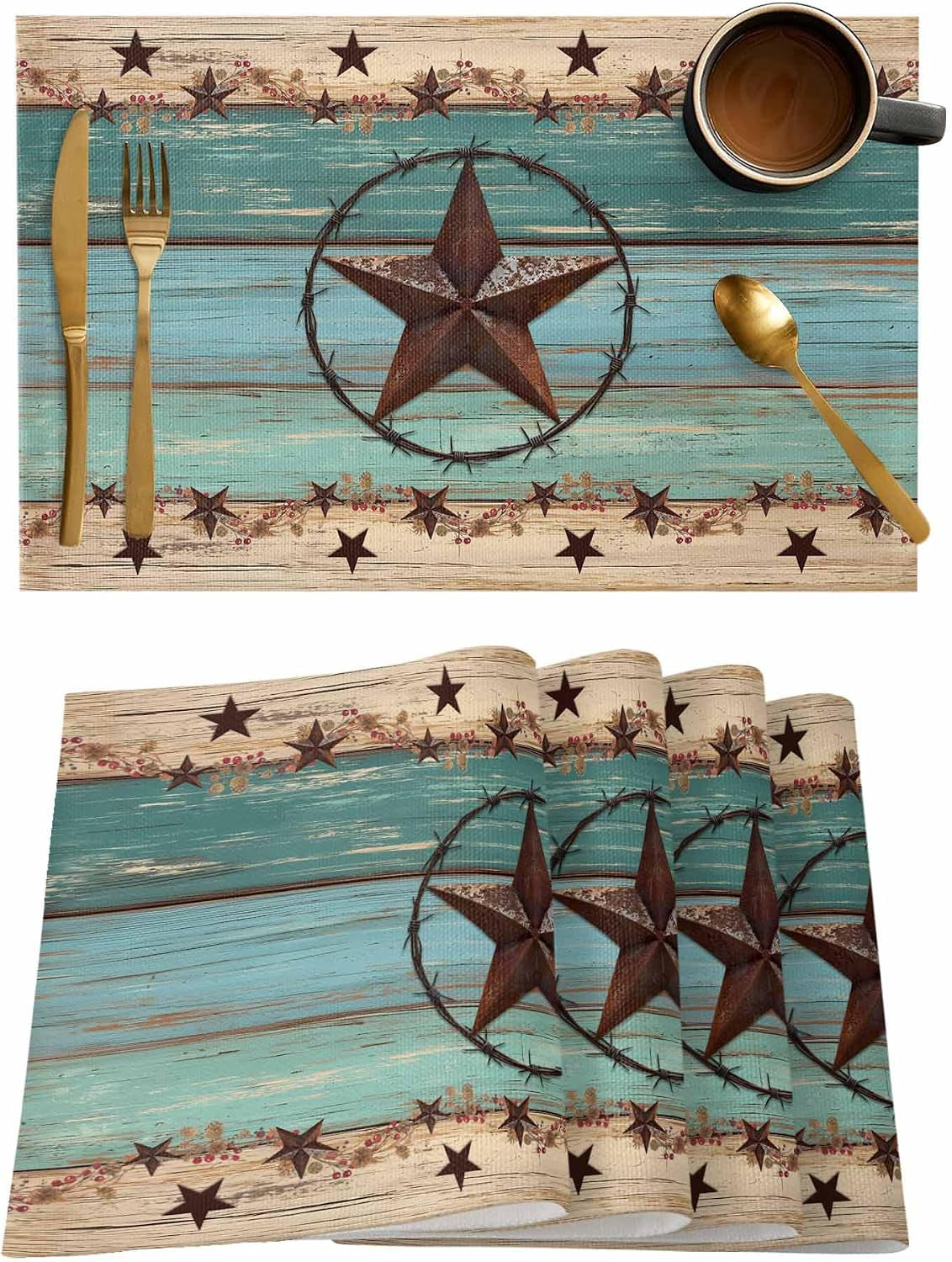 western-texas-star-placemats-set-of-6-retro-turquoise-wooden-rustic-farmhouse-13x19-inch-washable-non-slip-linen-table-mats-rustic-summer-placemats-for-dining-table-party-kitchen-decor