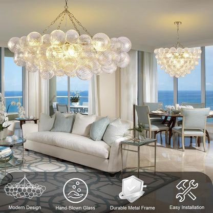 51" Large Gold Bubble Chandelier, 9-Light Modern Hand Blown Glass Chandelier Light Fixture, Rectangle Chandeliers for Dining Room Living Room Kitchen Island Foyer Entryway(Brush Brass Finish)2