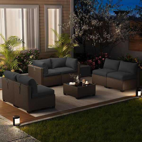 7 Piece Outdoor Patio Furniture Set, Outdoor Sectional Sofa, Wicker Rattan Patio Furniture, Patio Conversation Set with Coffee Table & Cushions9