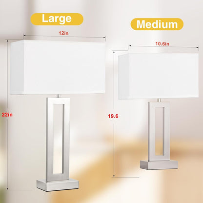 22" Tall Bedroom Lamps for Living Room - Touch Brushed Nickel Bedside Lamps with USB C+A, 3 Way Dimmable Lamp for Nightstand, Modern Night Stands Lamps for End Tables(White&Silver)2