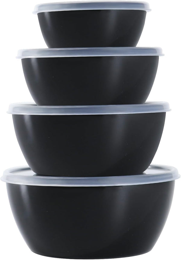 4-Piece Classic Plastic Prep Bowls with Lids, Nesting Plastic Small Mixing Bowl Set for Mixing, Baking, Prepping, Cooking and Serving Food, Microwave and Dishwasher Safe (Black)1