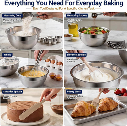 Mixing Bowls Set, 25PCS Khaki Mixing Bowls with Lids Set Stainless Steel Kitchen Large Nesting Metal Bowl 7QT to 1.5QT, Measuring Cups and Spoons for Prepping Cooking Serving8