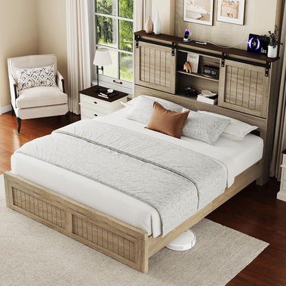 Queen Size Bed Frame with Storage Headboard, Reading Lights, Oak9