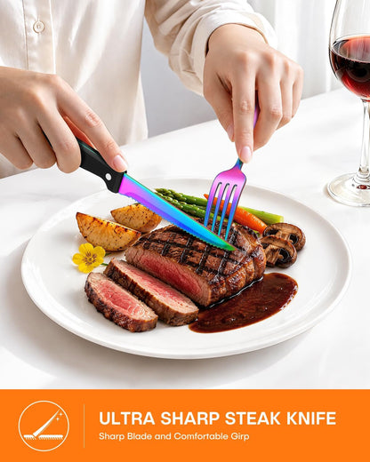 24 Piece Rainbow Silverware Set with Steak Knives Stainless Steel Flatware Set for 4 Cutlery Utensil Set Includes Knife Spoon and Fork Mirror Polished Dishwasher Safe for Home Restaurant5