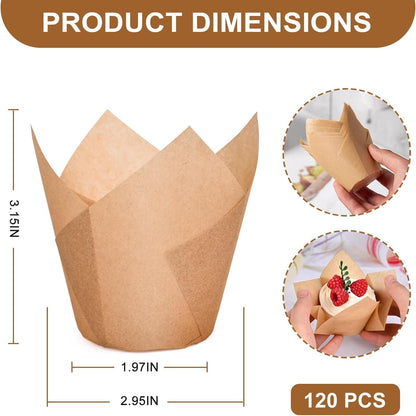 120 Counts Natural Tulip Cupcake Liners for Baking Cups, Food Grade Parchment Paper Muffin Liners Holders, Standard Tulip Cupcake Liners, Greaseproof Cup Cake Wrappers for Party, Christmas2