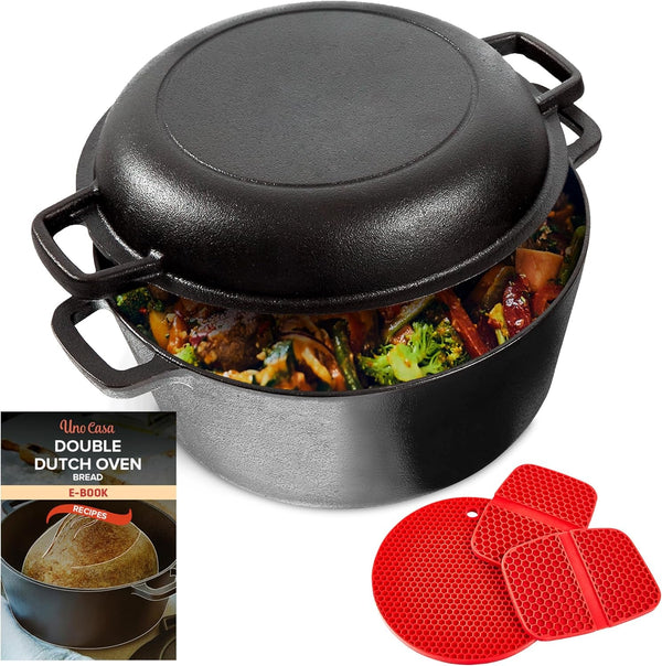 2-In-1 Cast Iron Dutch Oven Large - 5 Quart Dutch Oven Pot with Lid, Pre-Seasoned Cooking Dish for Bread Baking and Stews - Heavy Duty Cast Iron Pot with Detachable Frying Pan Lid for Versatile Cooking1