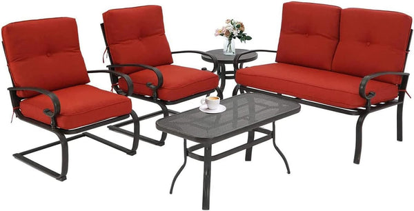 5 Piece Wrought Iron Patio Furniture Set Metal Outdoor Conversation Sets (Loveseat, Coffee Table and Bistro Table, 2 Spring Chair) with Cushion (Red)1