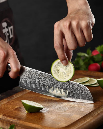 7” Santoku Knife, Damascus Steel Chef Knife, Asian Kitchen Knife Japanese Style, Figured Sycamore Wood Handle7