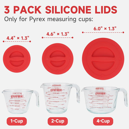 3 Pack Silicone Replacement Lids, Respectively Fits Pyrex 1-Cup, 2-Cup & 4-Cup Tempered Glass Liquid Measuring Cups, Reusable & Food-Grade Silicone, Dishwasher & Microwave Safe2