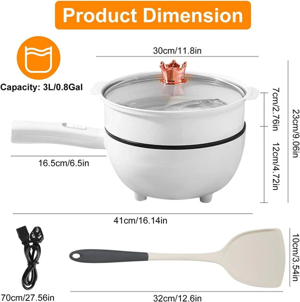 Electric Hot Pot with Steamer Rack, 3L, Non-Stick, White | Dual Power 600W/1000W, Clear Glass Lid, Overheat Protection, Includes Spatula, Serves 3-5 People8